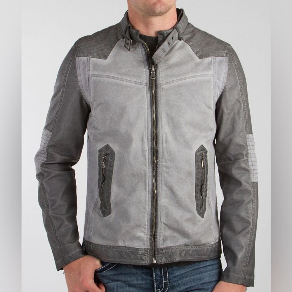 Blanc Noir Men’s Pieced Jacket Faux Leather Moto Grey and Black Size XL